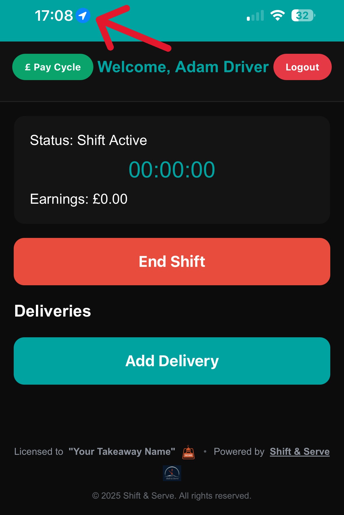 Driver start shift screen showing GPS captured at clock-in