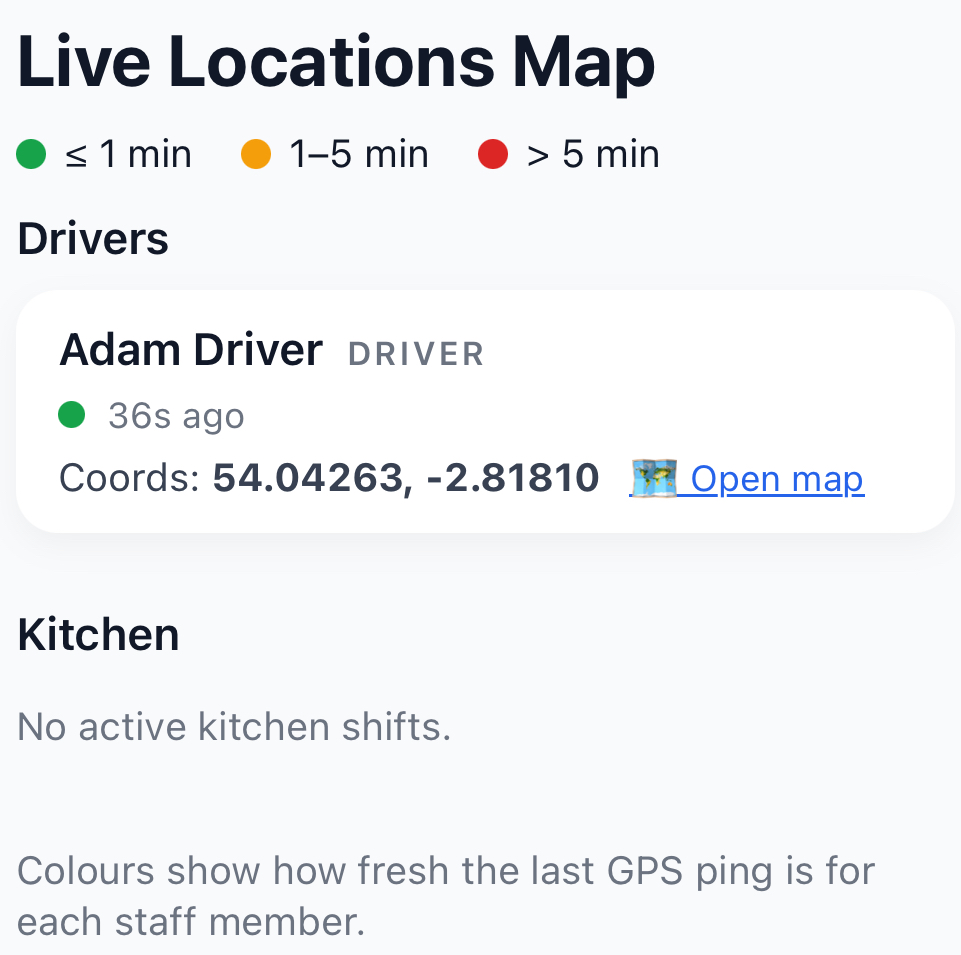 Live driver list with last GPS ping while the portal is open